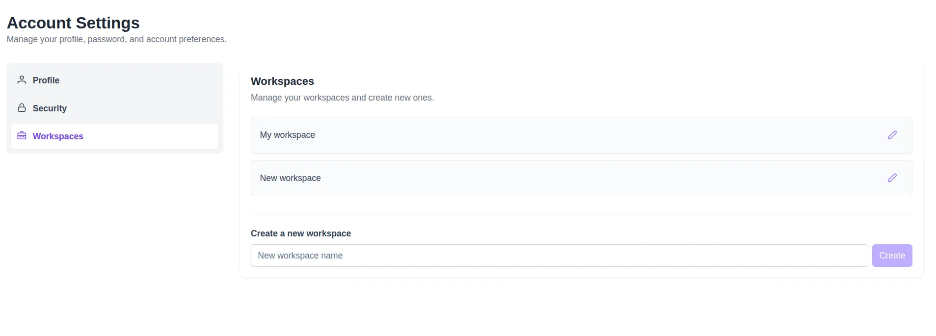 Tela de gerenciamento de workspaces no DotProfit